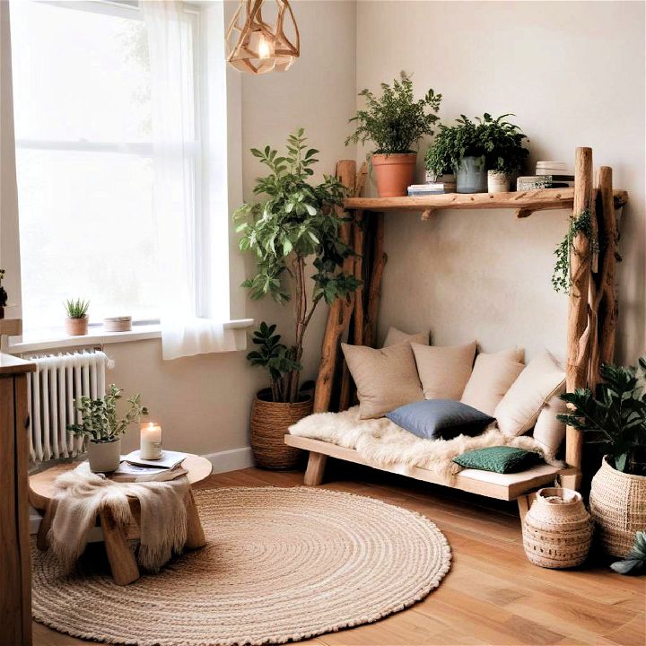 earthy reading corner with natural materials