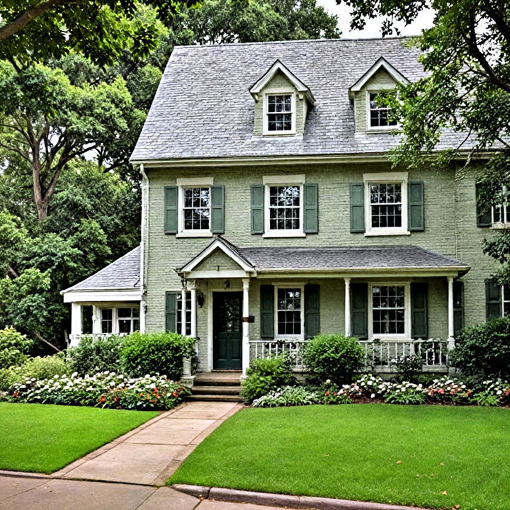 earthy sage green painted brick house