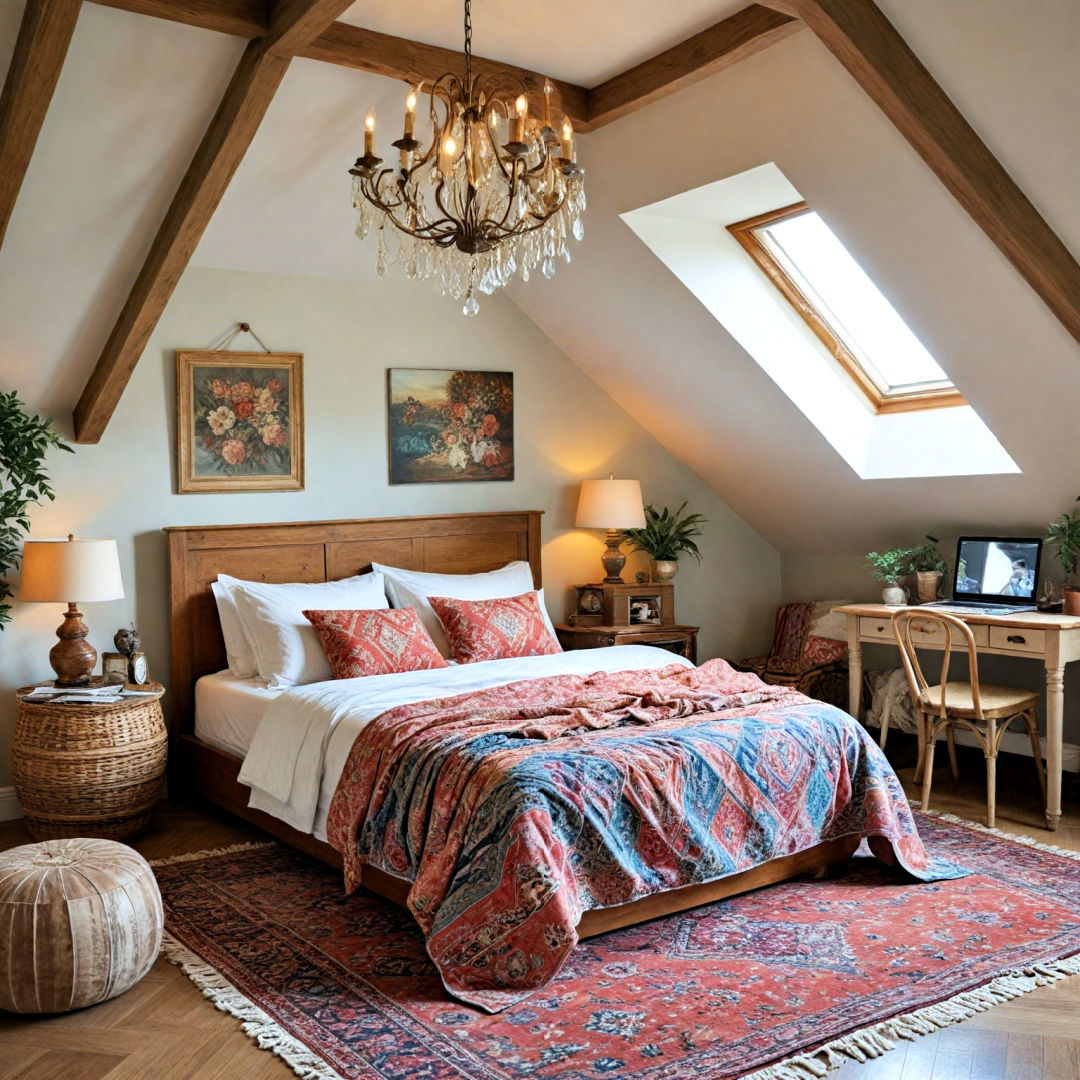 eclectic bohemian themed attic bedroom