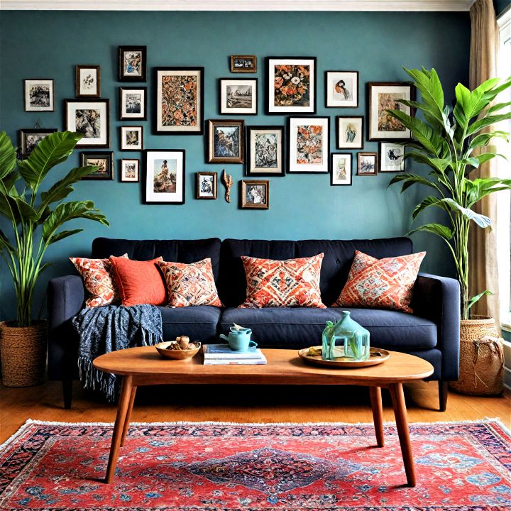 eclectic living room with black couches