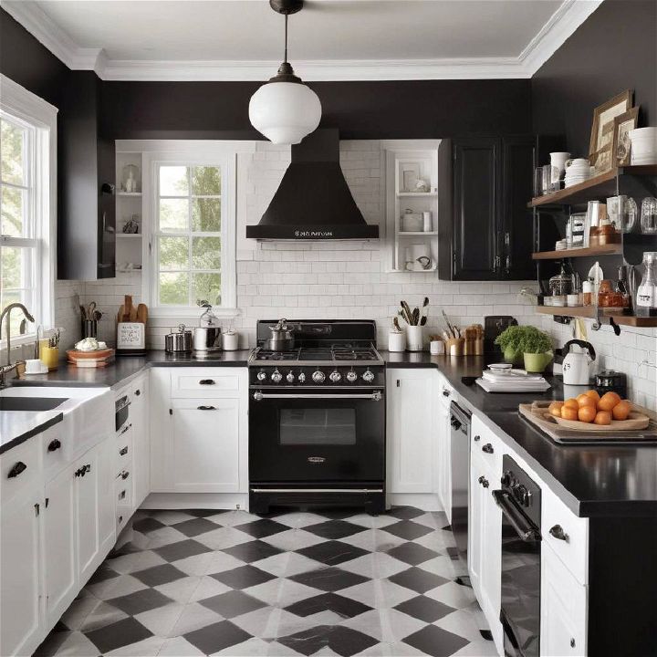 eclectic mix black and white kitchen