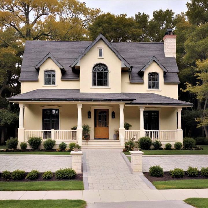 elegant creamy yellow with charcoal gray roof