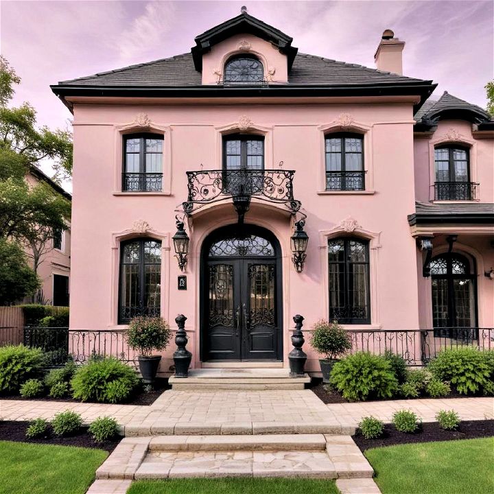 elegant mauve pink with black wrought iron accents