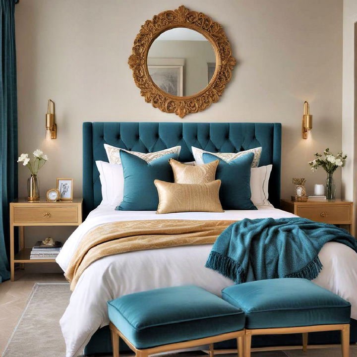 elegant teal and gold accents for bedroom