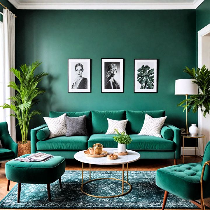 emerald green sofa with a monochrome setting