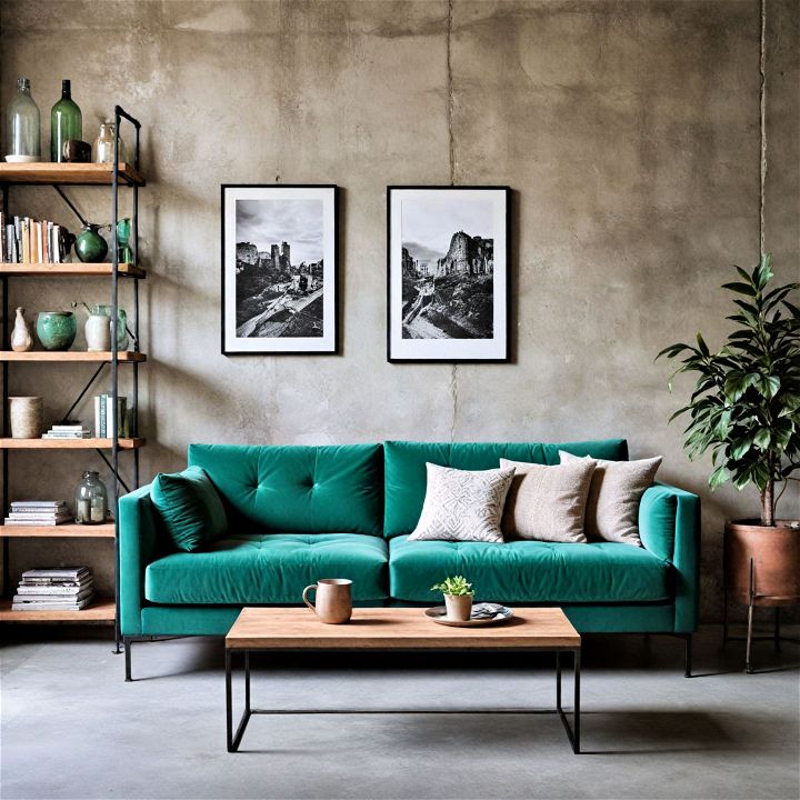 emerald green sofa with chic industrial flair