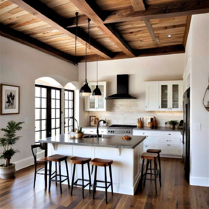 exposed ceiling beams kitchenette design