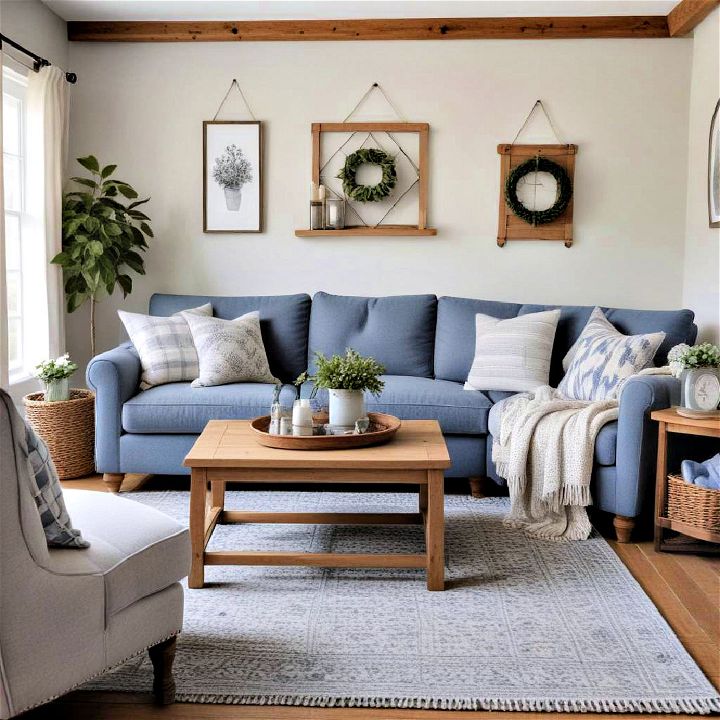 farmhouse style blue and grey living room