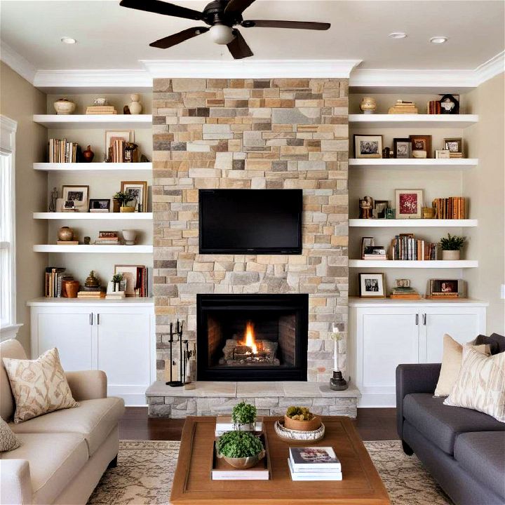 fireplace wall with built in shelving