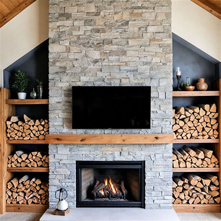 fireplace with stacked wood storage