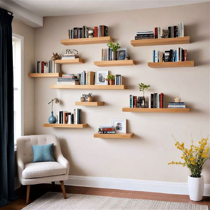 floating shelves reading nook