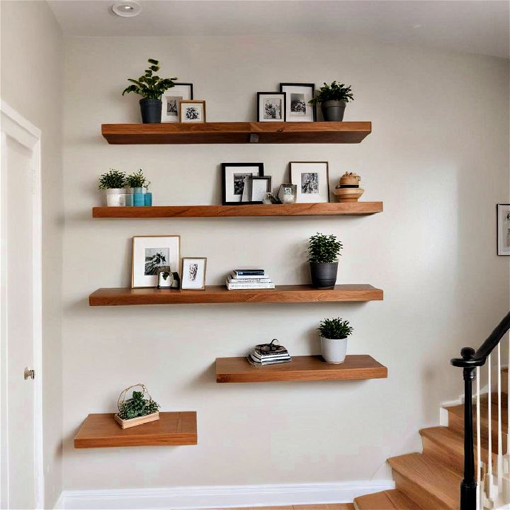 floating shelves staircase wall