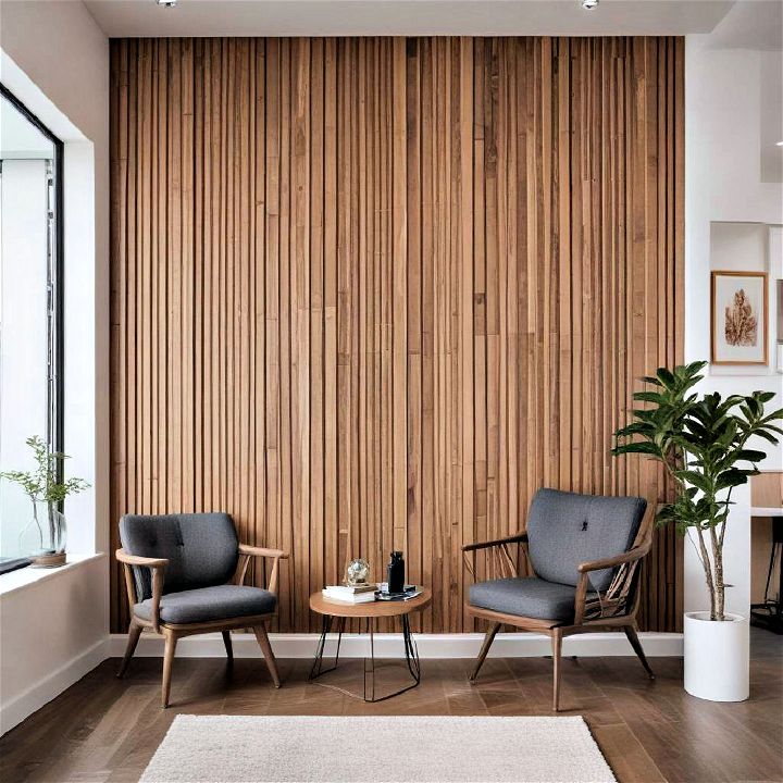 floor to ceiling wood slat wall for cohesive look