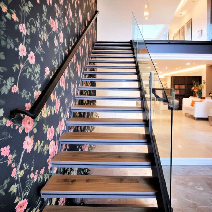 floral wallpaper to staircase wall