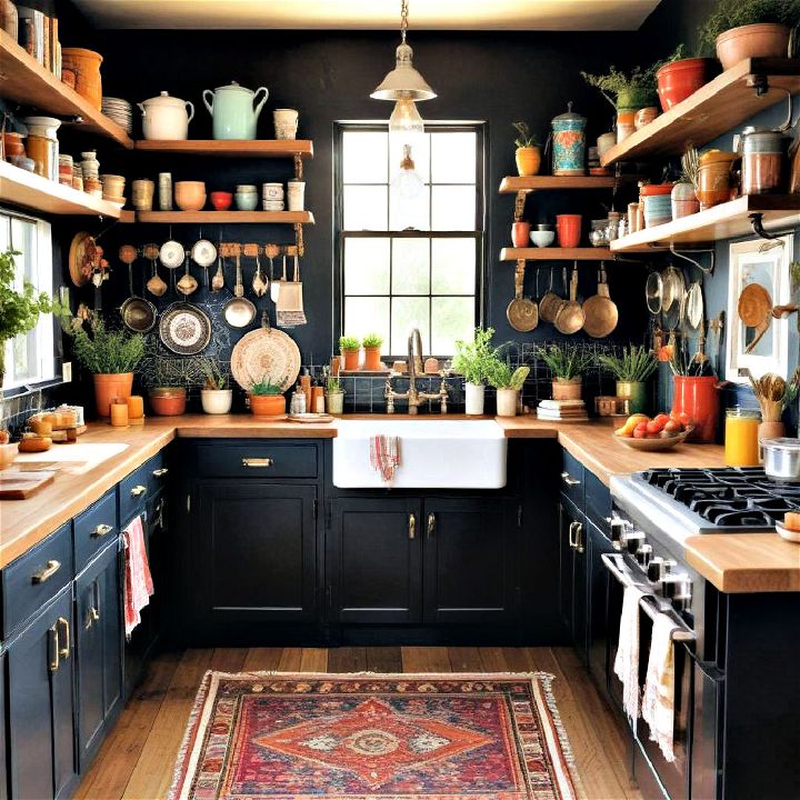 free spirited vibe of a bohemian kitchen with black cabinets