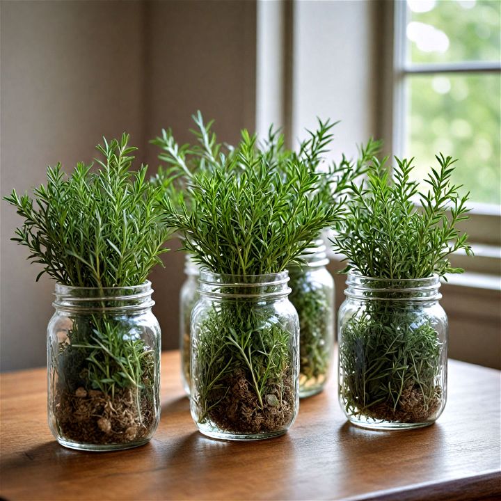 fresh herbs in glass jars