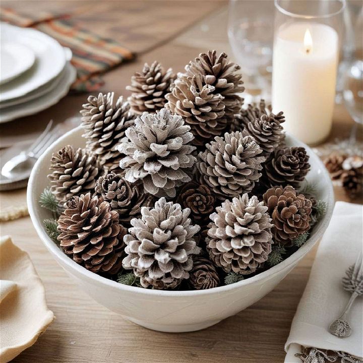 frosted pinecones for thanksgiving table decor