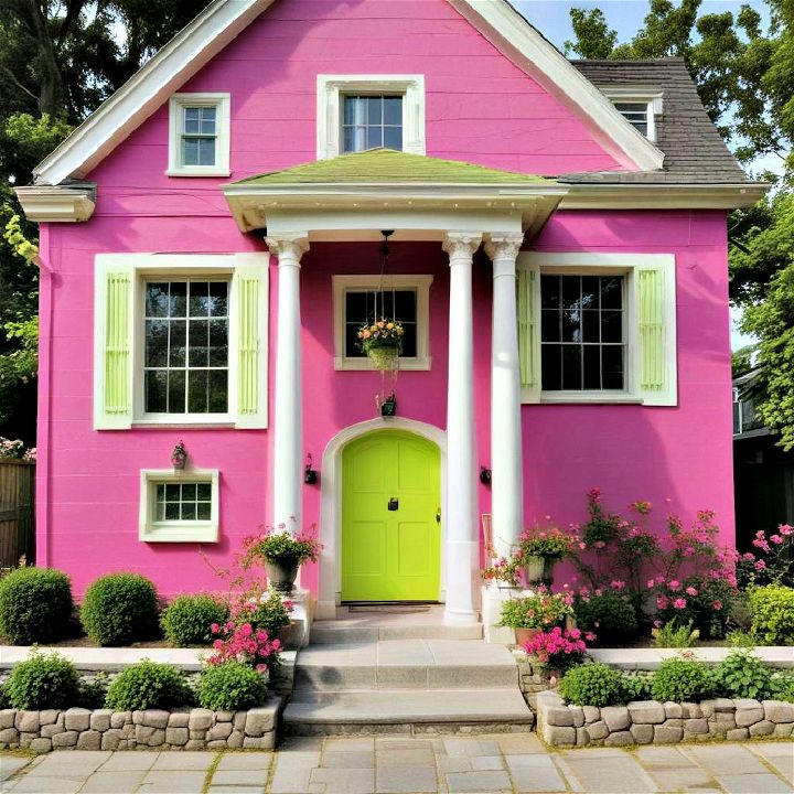 fuchsia pink with lime green accents house exterior