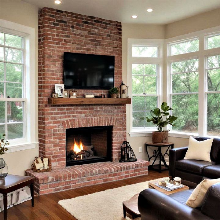 functional corner brick fireplace