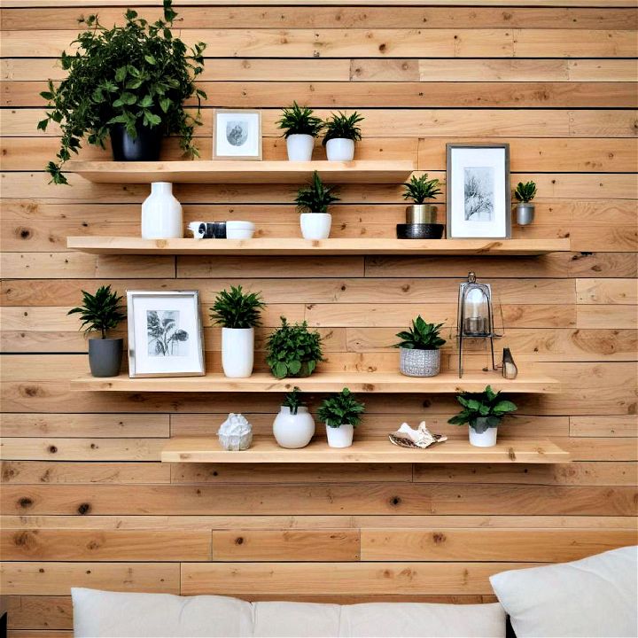 functional floating shelves on wood slat wall