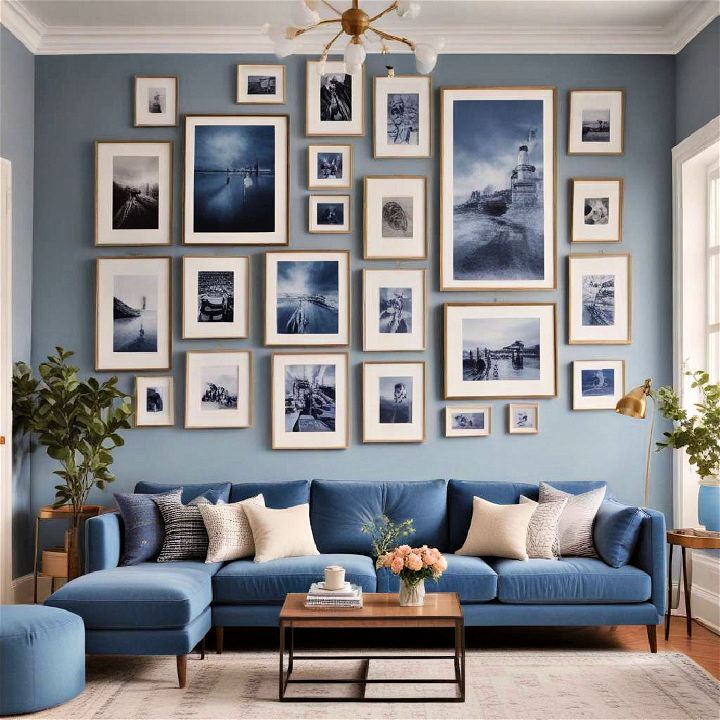 gallery wall blue living room