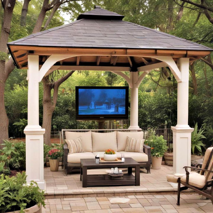 gazebo with integrated tv setup for enjoying