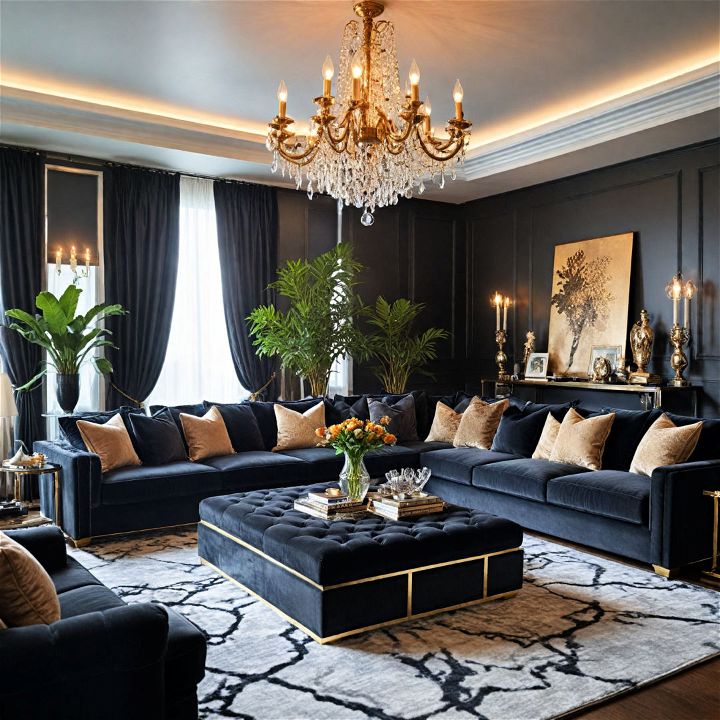 glamourous living room with black couches