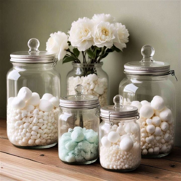 glass jars filled with bath salts cotton balls