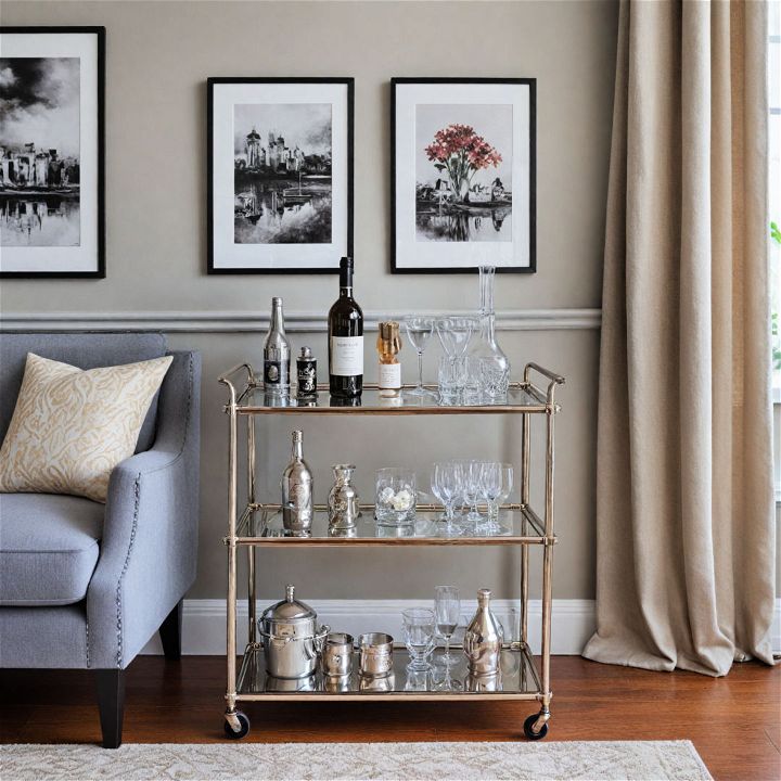 gray living room with a bar cart