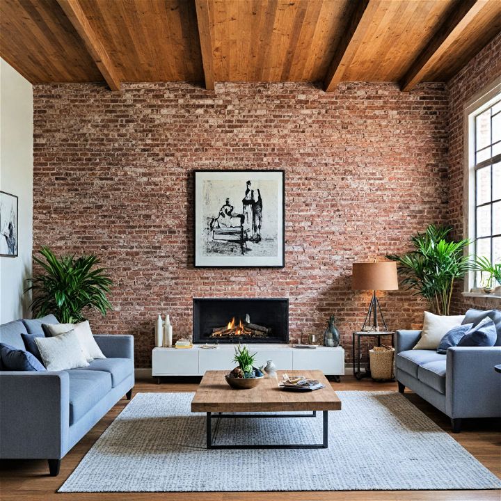 gray living room with exposed brick