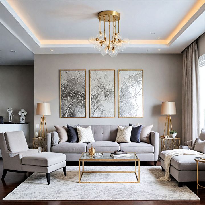 gray living room with metallic lighting