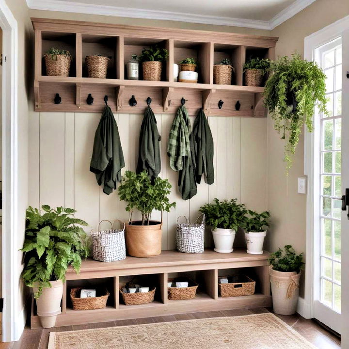 greenery and planters for mudroom