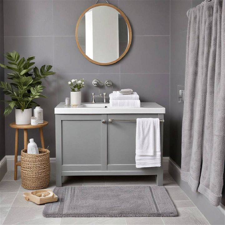 grey and white soft furnishings bathroom