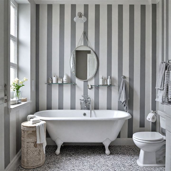 grey and white stripes bathroom