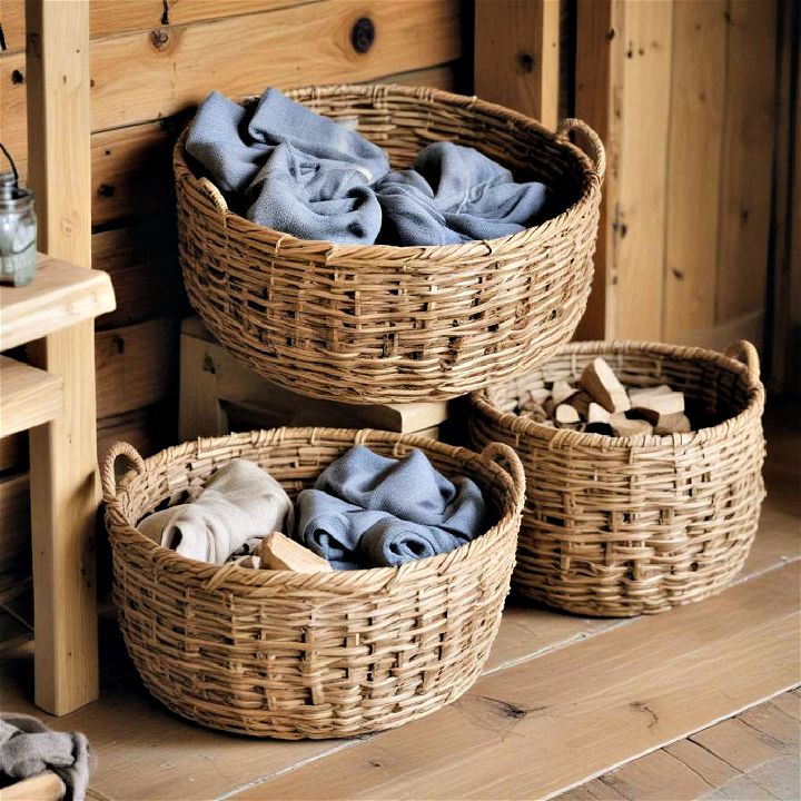 handwoven storage baskets for log cabin