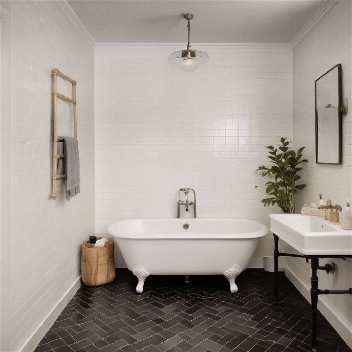 herringbone white tile bathroom