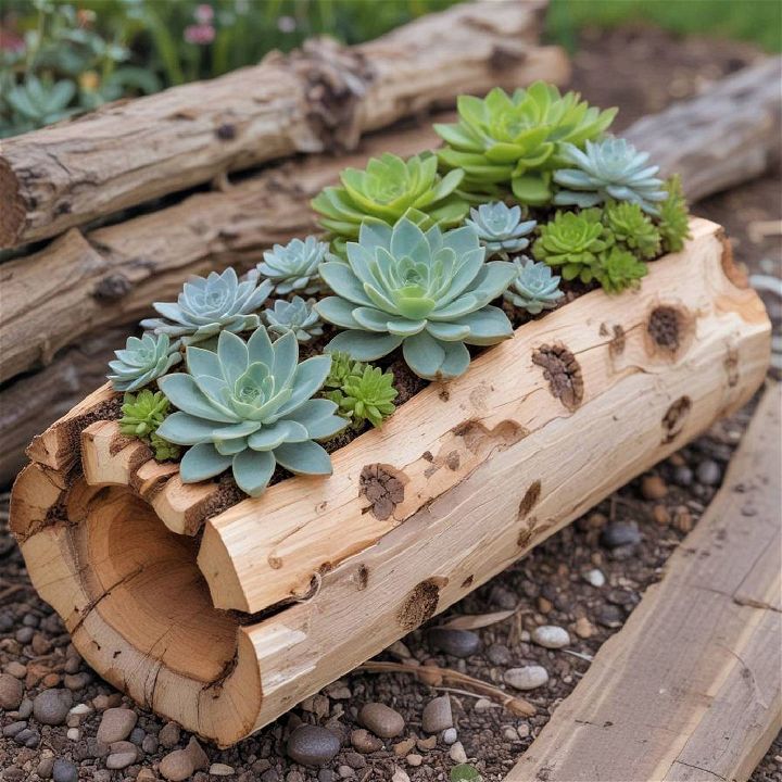 hollowed log for outdoor succulent container