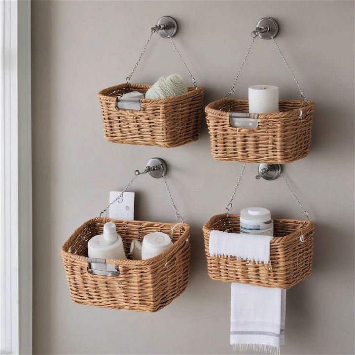 hooks and hanging bathroom storage baskets