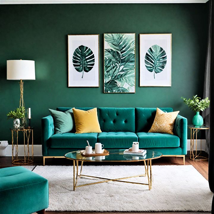 modern living room with emerald green sofa