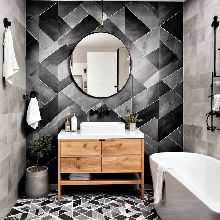 industrial bathroom with geometric tiles