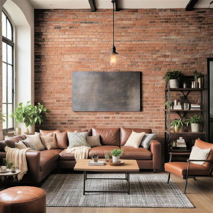 industrial farmhouse living room with dark brown couch