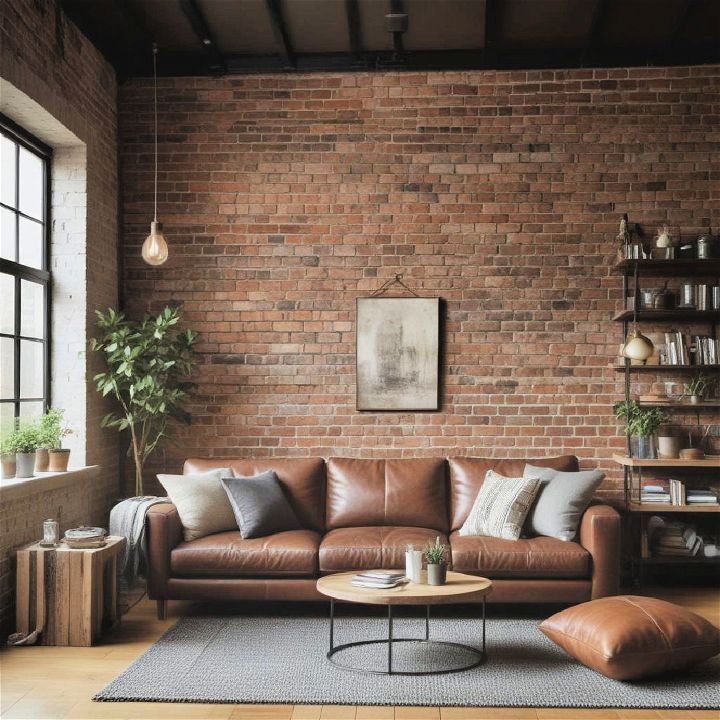 industrial loft dark brown couch living room