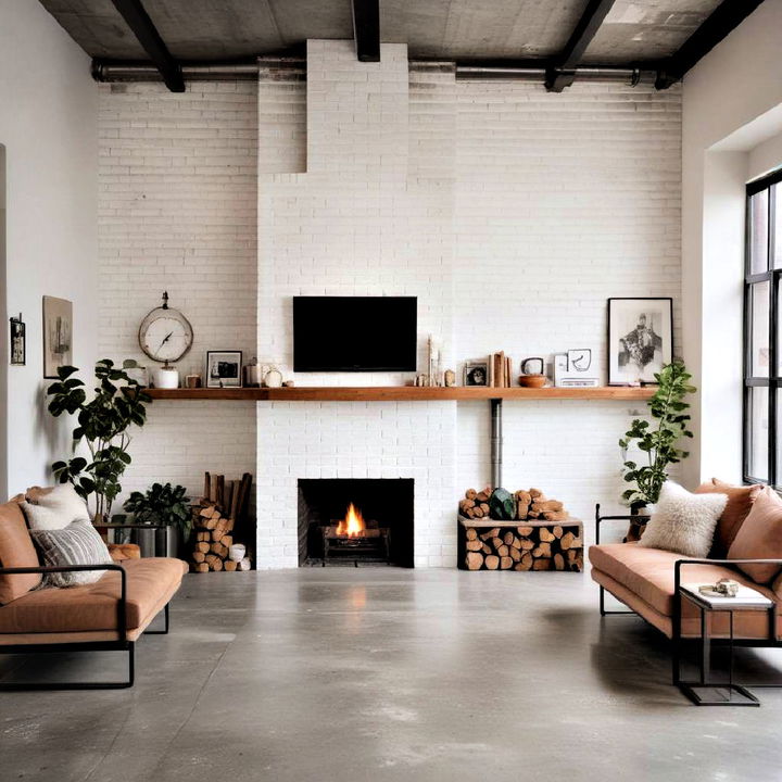 industrial loft with white painted fireplace