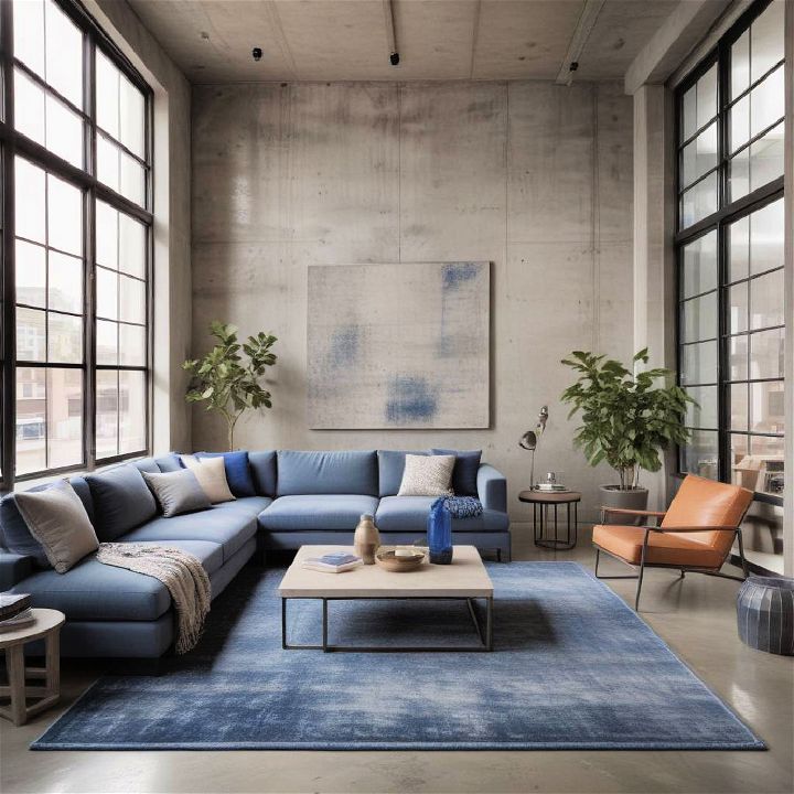 industrial materials blue and grey living room
