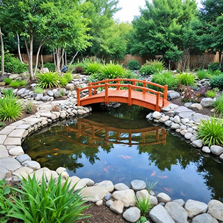 koi pond with a wooden bridge