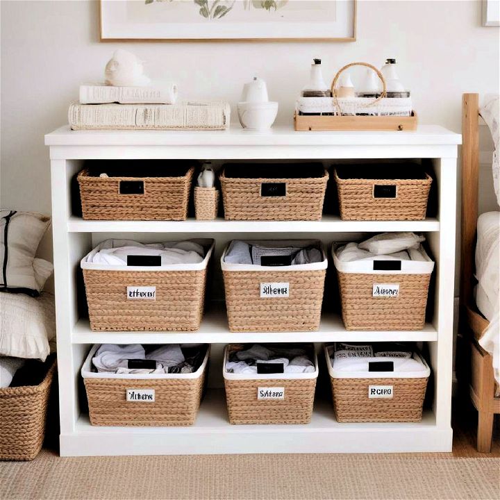 label bins and baskets for a tidy bedroom