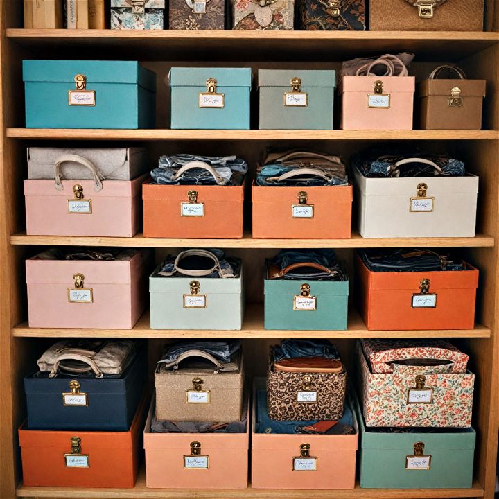 labeled boxes for organize purses
