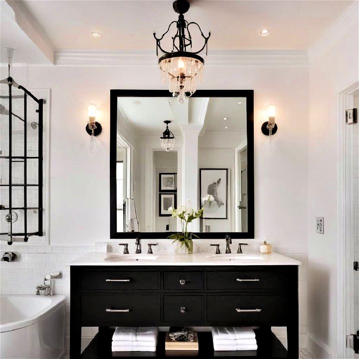 layered lighting for black and white bathroom