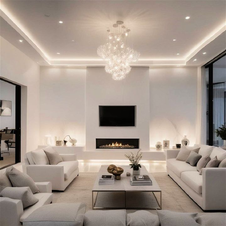 layered lighting for white living room