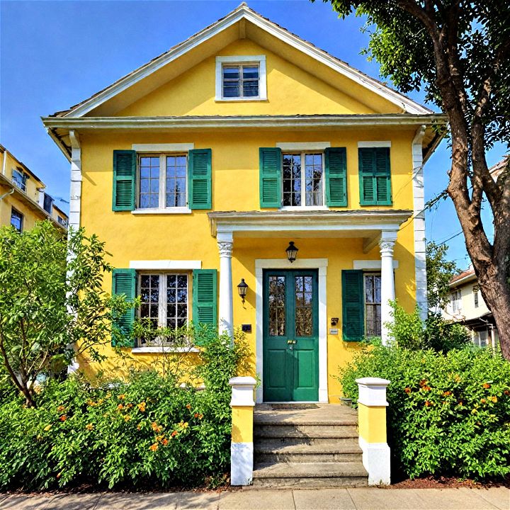 lemon yellow with green shutters home exterior